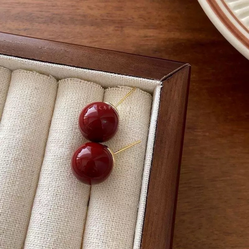 Bông Tai Tròn Đỏ Cherri Phong Cách Hồng Kông Bông Tai Tết Ngọt Ngào