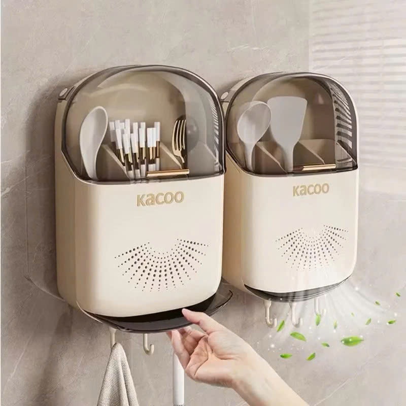 Hộp đựng đũa muỗng treo tường kacoo thoáng khí ngăn ẩm mốc, Ống đựng đũa có nắp đậy chống côn trùng tích hợp móc treo