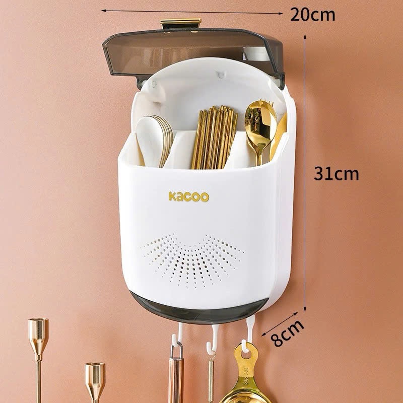 Hộp đựng đũa muỗng treo tường kacoo thoáng khí ngăn ẩm mốc, Ống đựng đũa có nắp đậy chống côn trùng tích hợp móc treo