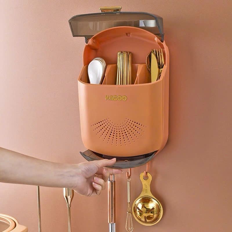 Hộp đựng đũa muỗng treo tường kacoo thoáng khí ngăn ẩm mốc, Ống đựng đũa có nắp đậy chống côn trùng tích hợp móc treo
