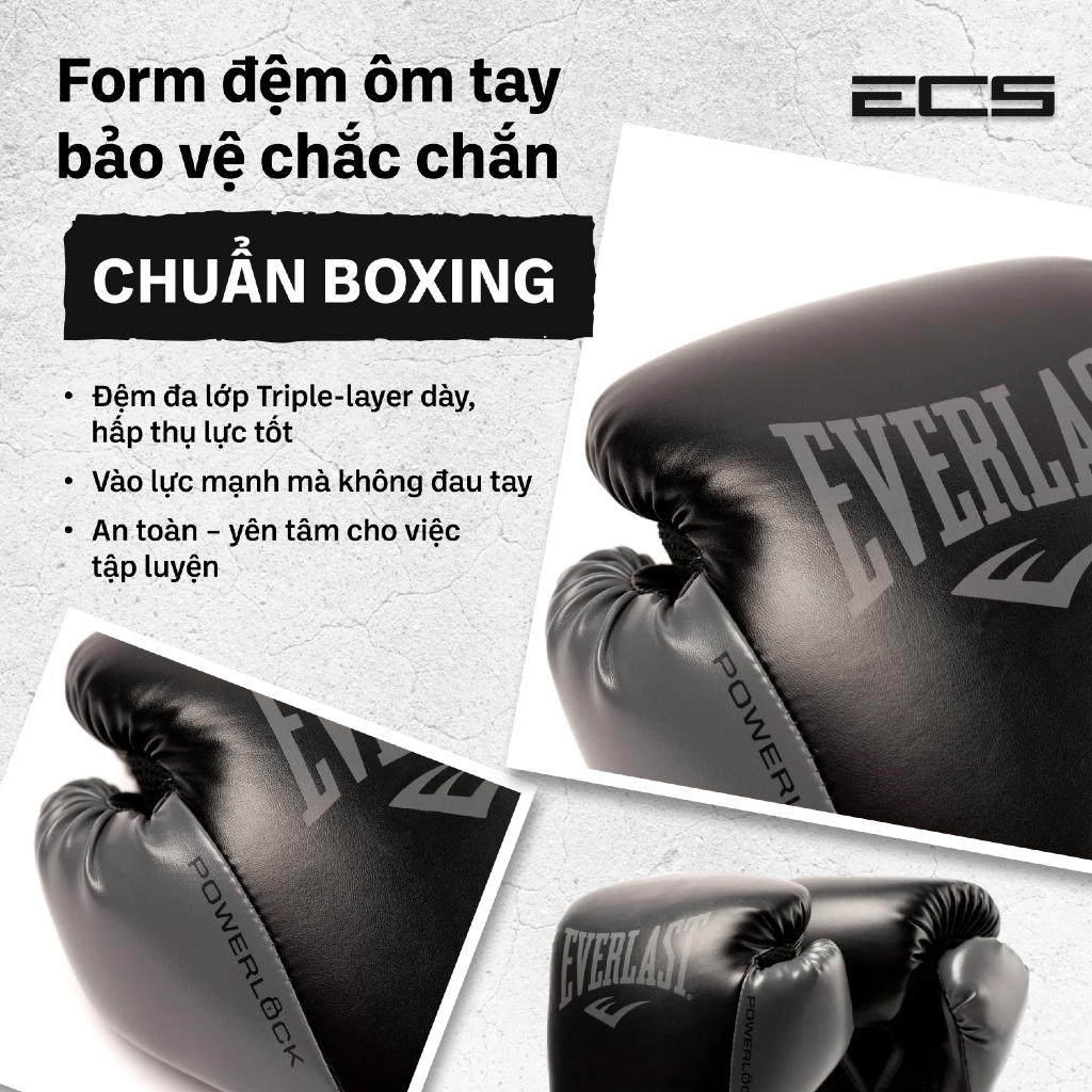 Găng tay boxing Everlast Powerlock 2 , Đệm đa lớp êm , Khóa cổ tay chắc , Lưới thoáng khí , Đa năng