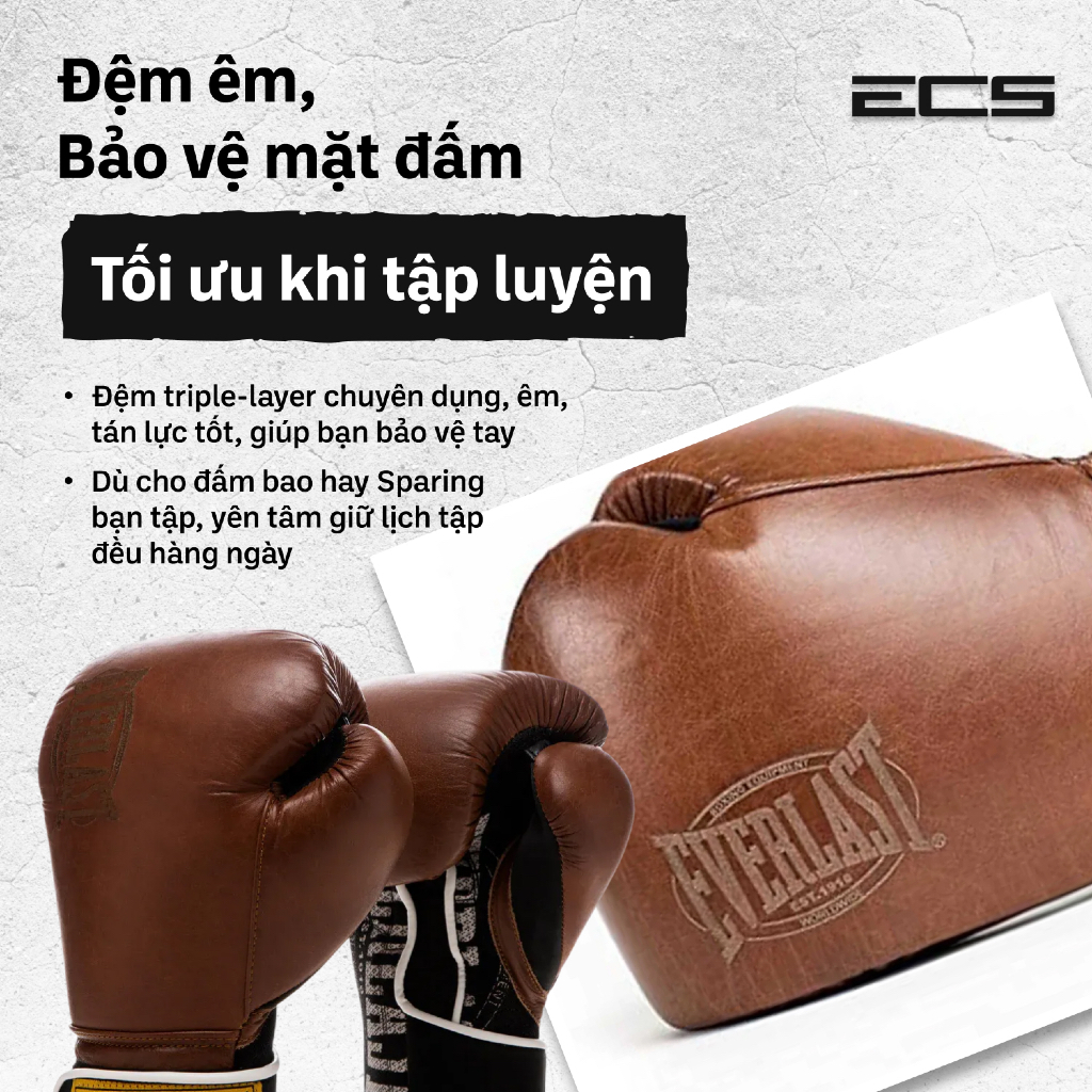 Găng boxing Everlast Classic 1910 - Logo khắc laser, Khóa dán cổ tay chắc chắn, Da bò nguyên tấm