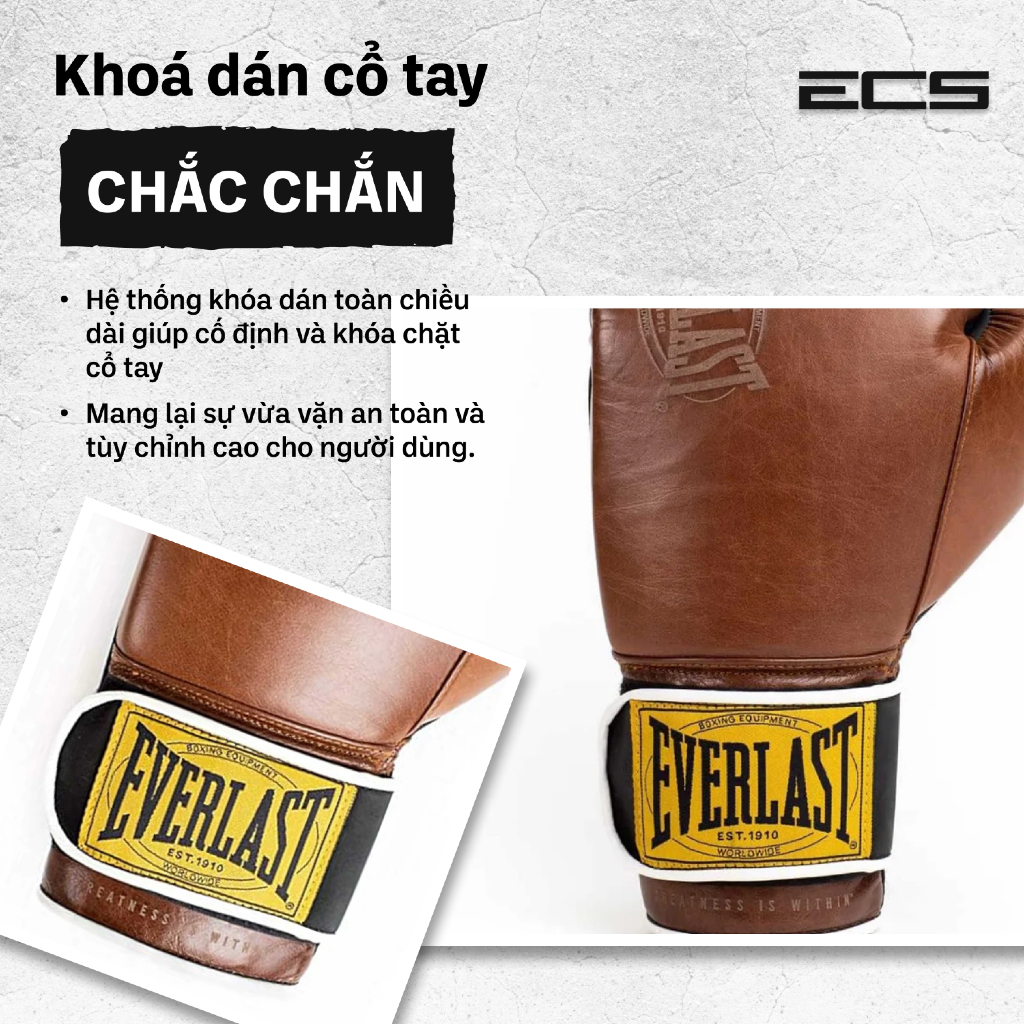Găng boxing Everlast Classic 1910 - Logo khắc laser, Khóa dán cổ tay chắc chắn, Da bò nguyên tấm