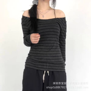 Áo T-shirt nữ lệch vai sọc, tay dài, mỏng nhẹ, phong cách trẻ trung