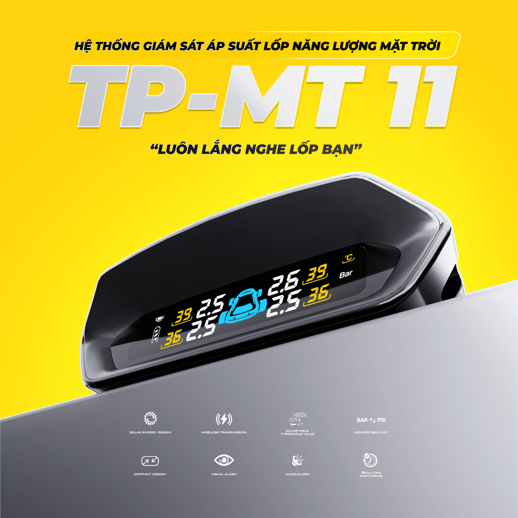 [TPMS] Cảm Biến Áp Suất Lốp STEELMATE TPMT11 Ô Tô Van Trong - Màn Hình Năng Lượng Mặt Trời, Cảnh Báo Âm Thanh