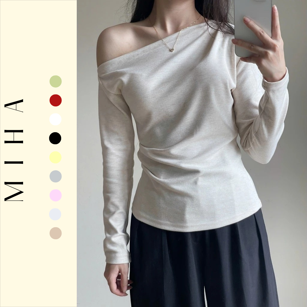 Áo thun lệch vai dài tay nhún eo chất tăm dày Miha Studio