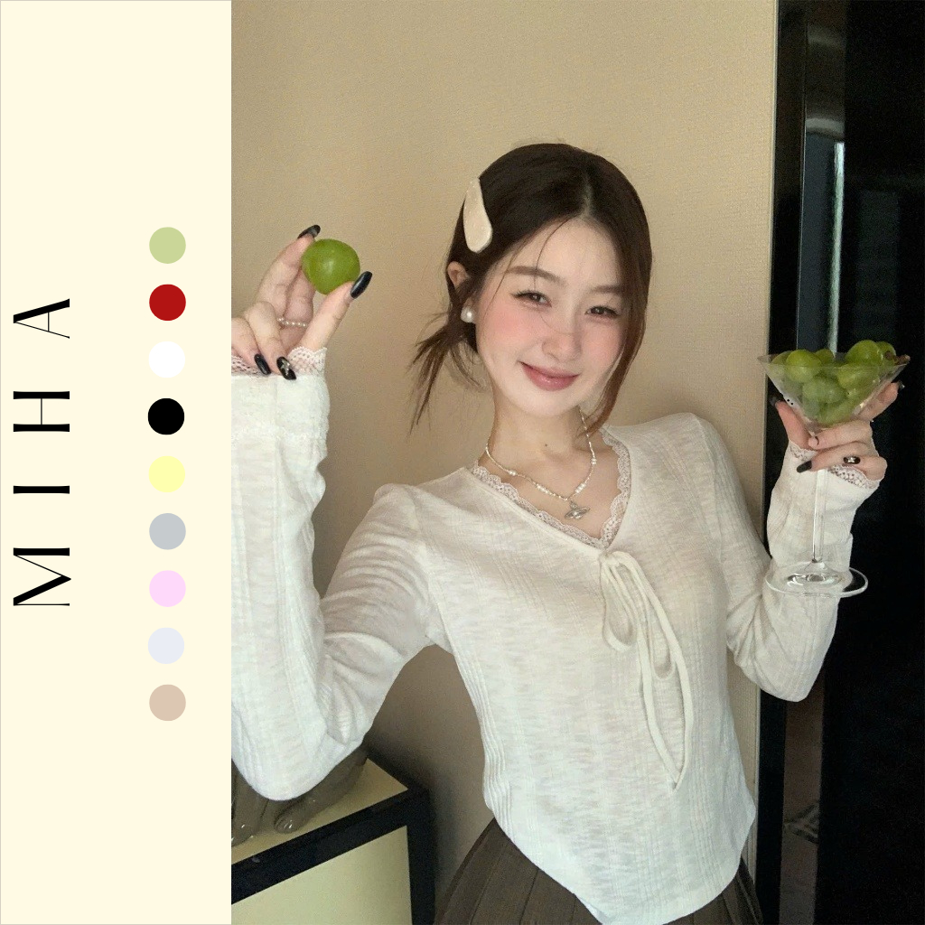 Áo thun cổ tim phối ren chất cotton Miha Studio