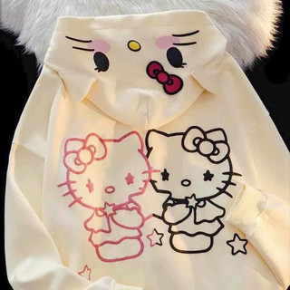 Áo Khoác Hoodie Hàn Quốc Nữ Rộng Rãi Chống Nắng Mũ Tai Mèo Dễ Thương In Hình Hello Kitty, Trendy