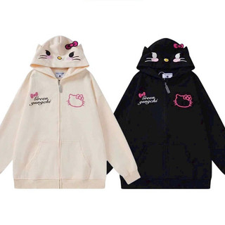 Áo Khoác Hoodie Hàn Quốc Nữ Rộng Rãi Chống Nắng Mũ Tai Mèo Dễ Thương In Hình Hello Kitty, Trendy
