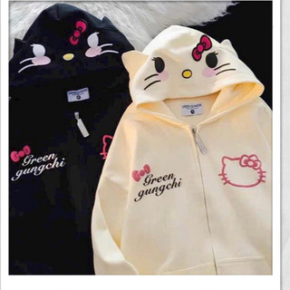 Áo Khoác Hoodie Hàn Quốc Nữ Rộng Rãi Chống Nắng Mũ Tai Mèo Dễ Thương In Hình Hello Kitty, Trendy