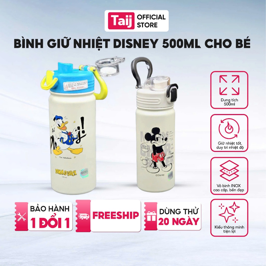 Bình Nước Giữ Nhiệt Trẻ Em Disney 500ml, Hình Gấu Dâu, Vịt Donald, Chuột Mickey, Elsa