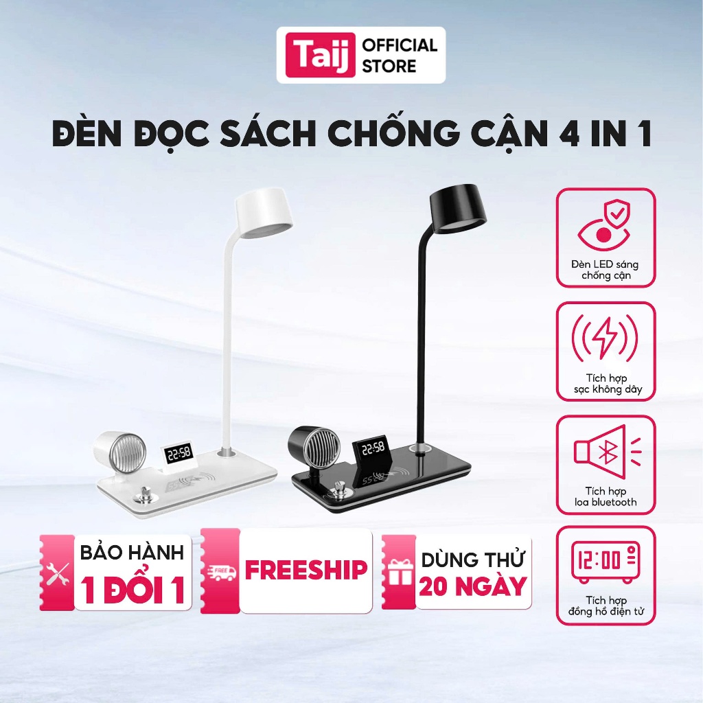 Đèn Học, Đèn Đọc Sách Thông Minh 4 Trong 1 Tích Hợp Đồng Hồ Led, Loa Bluetooth, Sạc Nhanh Không Dây