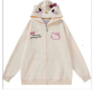 Áo Khoác Hoodie Hàn Quốc Nữ Rộng Rãi Chống Nắng Mũ Tai Mèo Dễ Thương In Hình Hello Kitty, Trendy