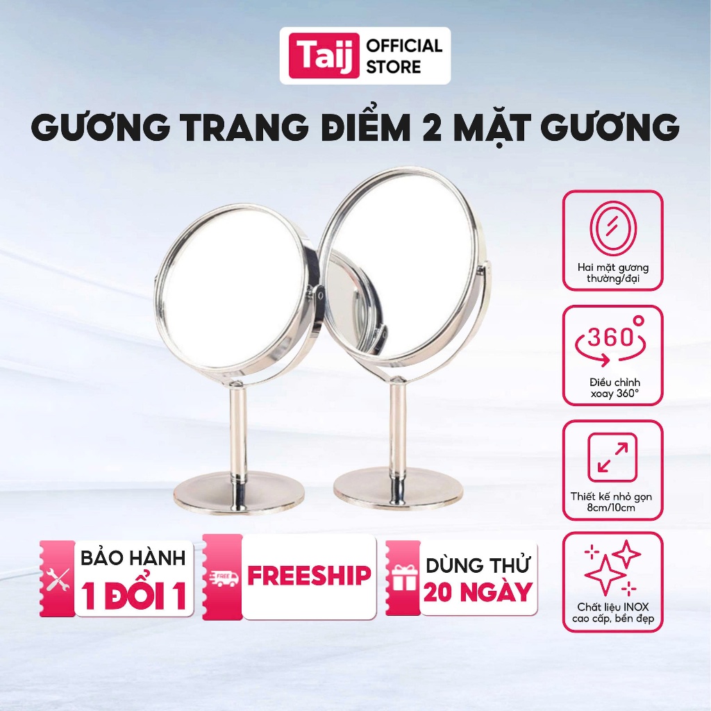 Gương Trang Điểm Cầm Tay Hình Bầu Dục Hai mặt Xoay 360° Để Bàn, Khung Viền Inox Màu Bạc, Gương Trong