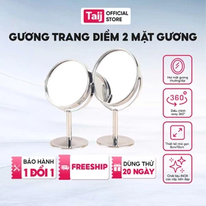 Gương Trang Điểm Cầm Tay Hình Bầu Dục Hai mặt Xoay 360° Để Bàn, Khung Viền Inox Màu Bạc, Gương Trong