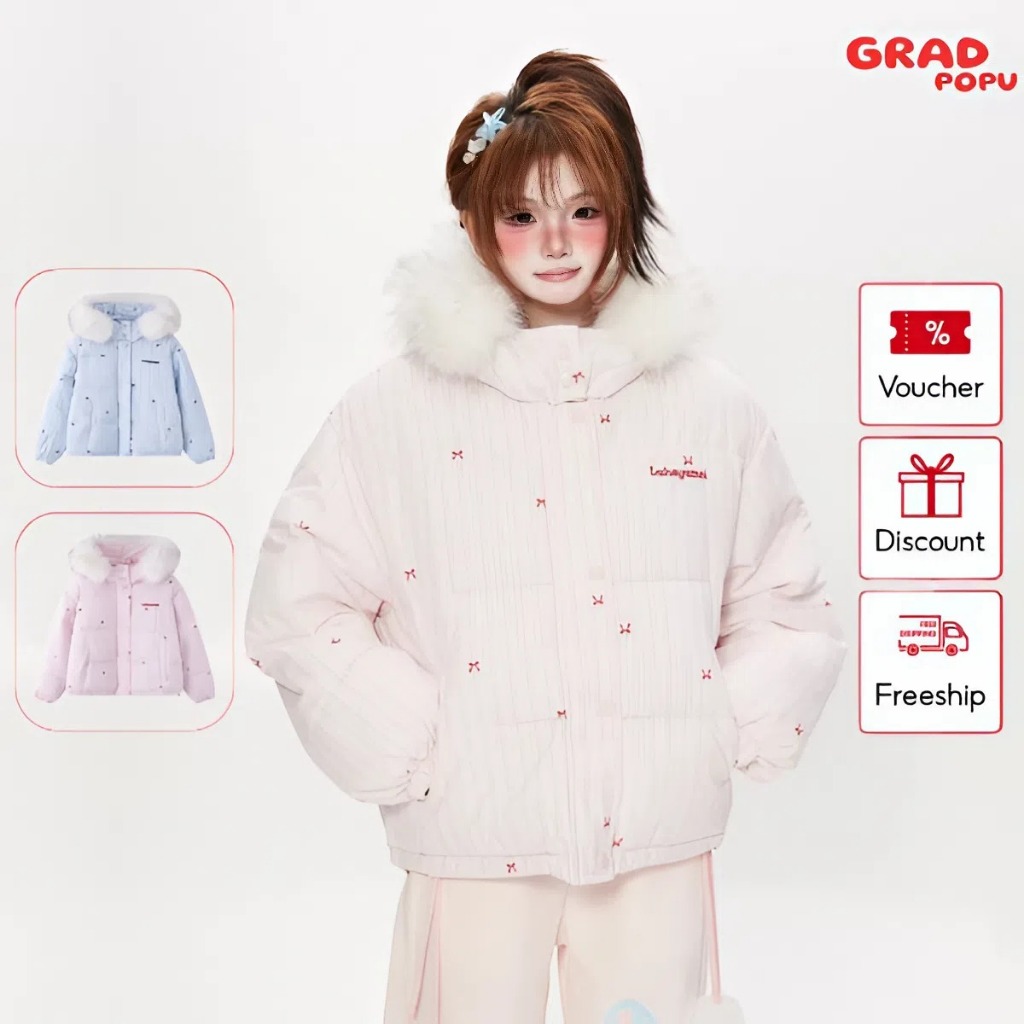 Áo khoác phao ngắn GRADPOPU có mũ chất liệu cotton lót bông cổ lông lớn có thể tháo rời PAP152