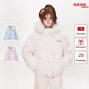Áo khoác phao ngắn GRADPOPU có mũ chất liệu cotton lót bông cổ lông lớn có thể tháo rời PAP152
