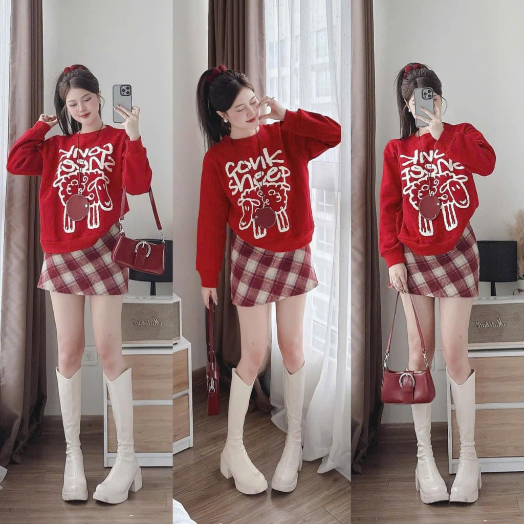 Set đồ nữ, đồ bộ nữ DONNA HCOM3642 áo nỉ bông in chữ mix chân váy kẻ caro đỏ siêu xinh