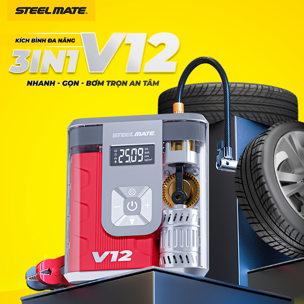 [DEAL SỐC - MUA 1 TẶNG 1] Kích Bình Ô Tô & Bơm Lốp STEELMATE V12 - Dung Lượng Pin 12.000mAh, Bảo Hành 2 Năm