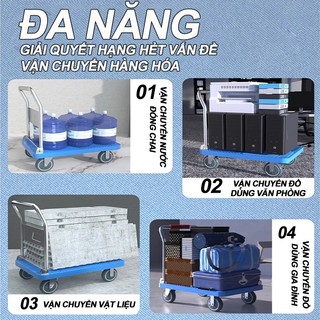 Xe đẩy hàng 4 bánh 300kg nhập khẩu gấp gọn xe kéo hàng xếp gọn bánh cao su Lớp phủ chống gỉ