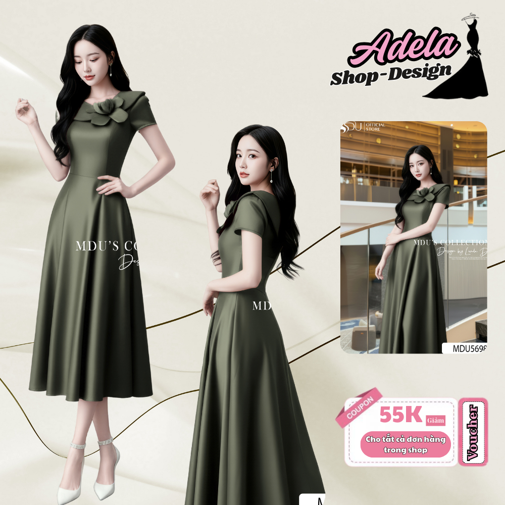 Váy Thiết Kế ADELA DESIGN Cổ Sen Đính Hoa, Dáng Xòe Duyên Dáng Chất Liệu Lụa Vân Cao Cấp MDU5698