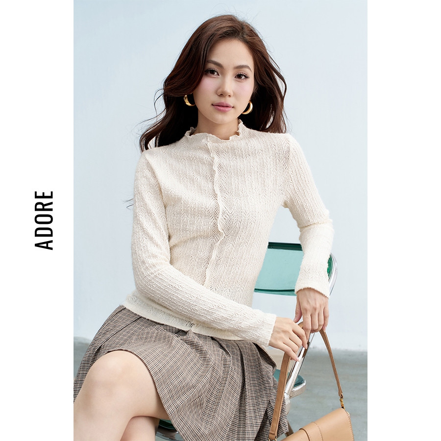 Top dài tay thun lưới kem/camel/ đen cổ leo 512HT1008