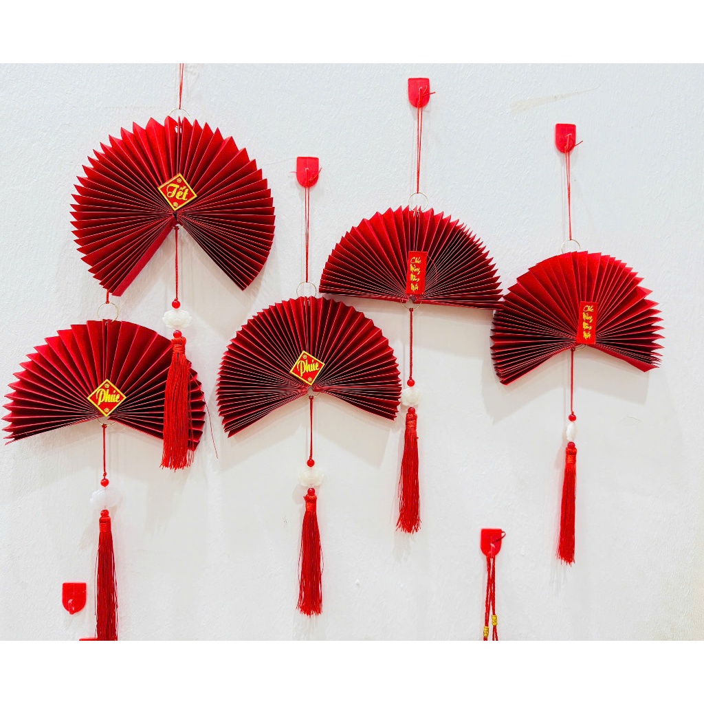 Set 5 Quạt Bán Nguyệt Treo Rua Ngọc Có Dây Trang Trí Tết Chữ Đỏ May Mắn