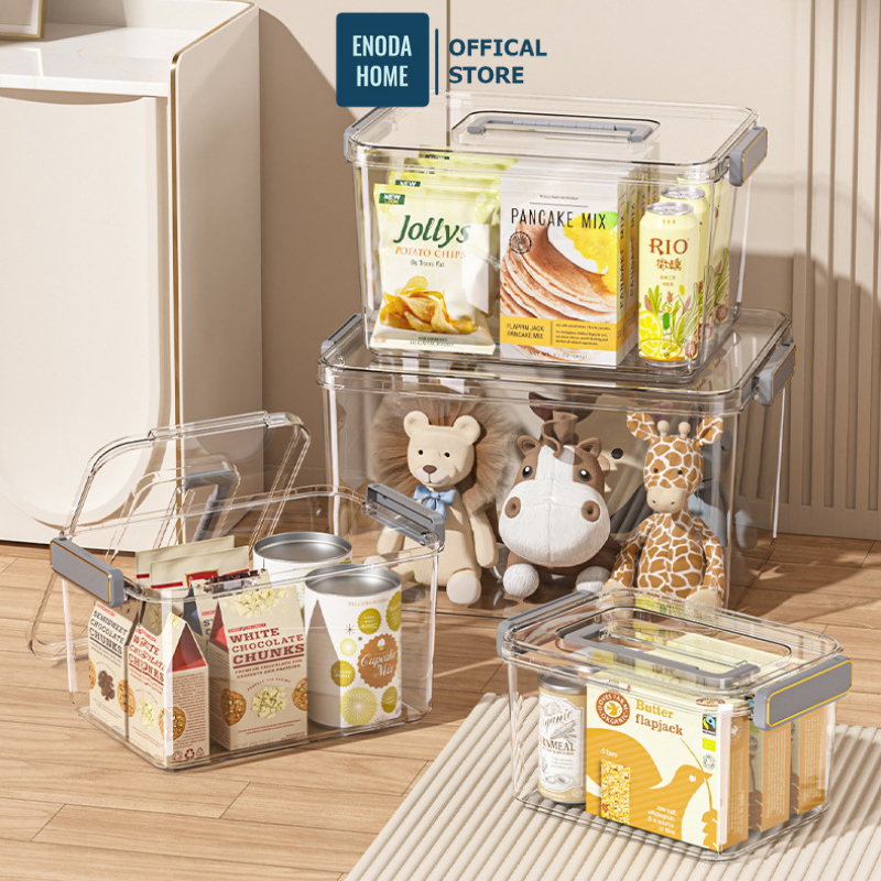 Hộp Nhựa PET Trong Suốt Lưu Trữ Đồ ENODA HOME, Hộp Đựng Đồ Đa Năng 4 Kích Thước Có Nắp Quai Cài Chống Bụi Q520