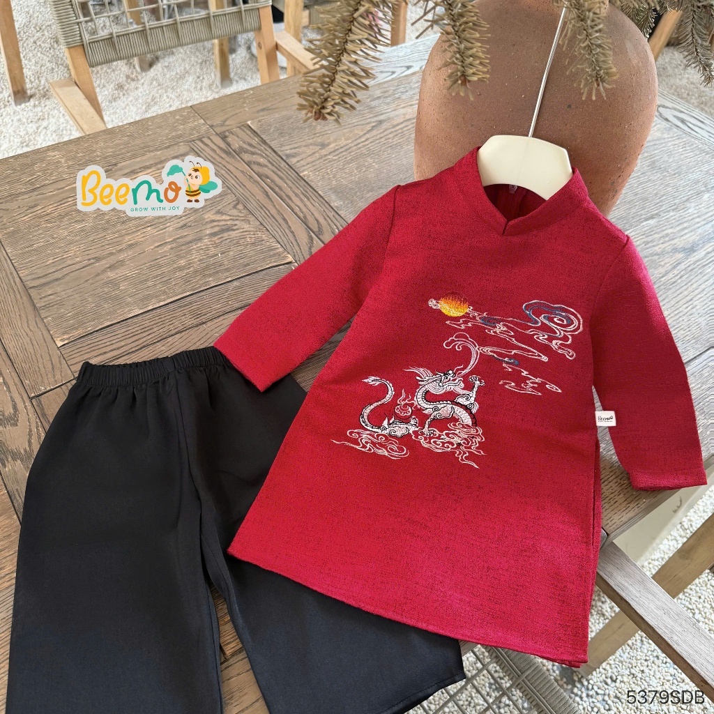 Áo dài vân long diện tết, set áo dài cổ tàu thêu rồng phối quần suông lụa bé trai 5379sdb