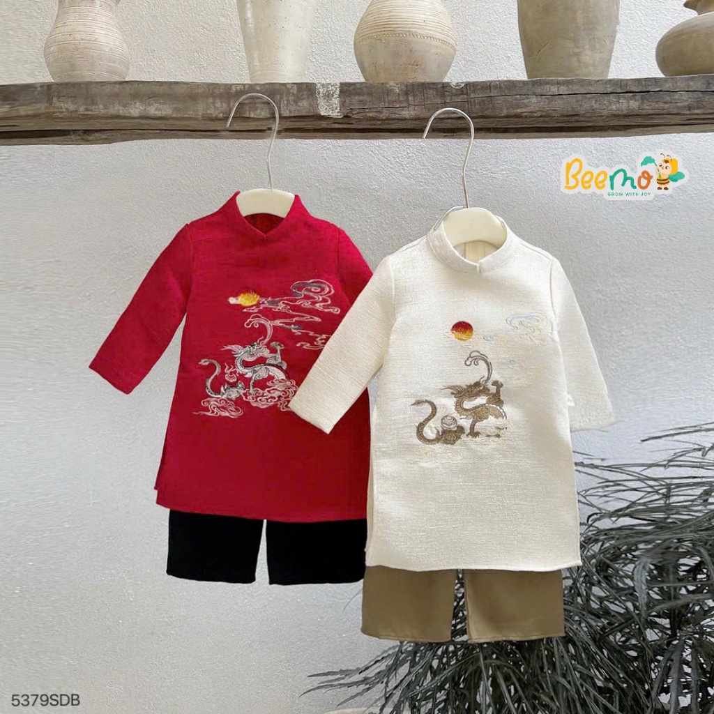 Áo dài vân long diện tết, set áo dài cổ tàu thêu rồng phối quần suông lụa bé trai 5379sdb