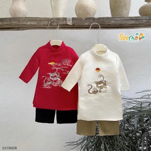 Áo dài vân long diện tết, set áo dài cổ tàu thêu rồng phối quần suông lụa bé trai 5379sdb