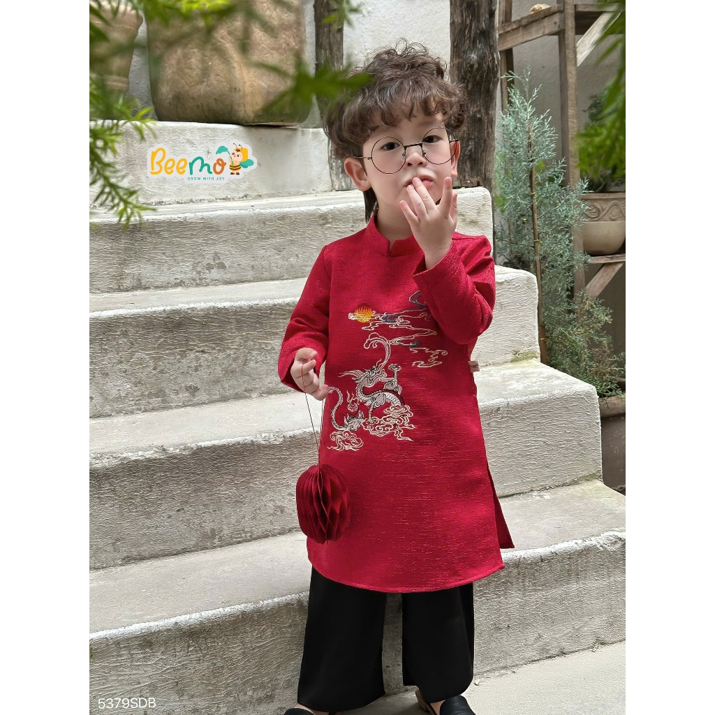 Áo dài vân long diện tết, set áo dài cổ tàu thêu rồng phối quần suông lụa bé trai 5379sdb