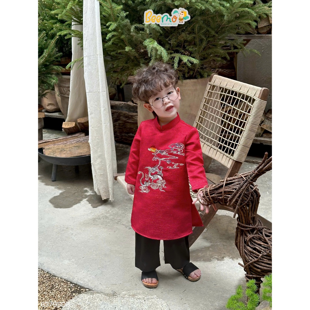 Áo dài vân long diện tết, set áo dài cổ tàu thêu rồng phối quần suông lụa bé trai 5379sdb
