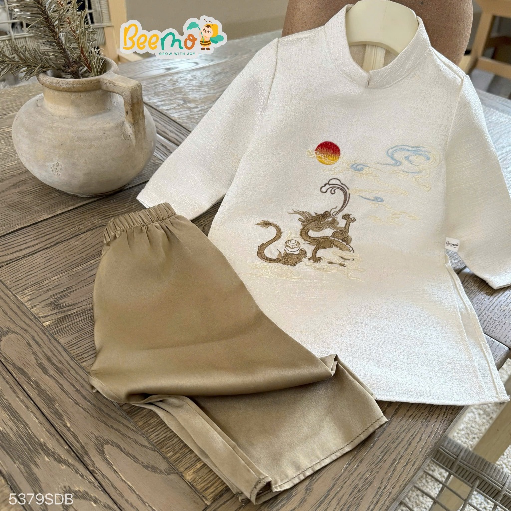 Áo dài vân long diện tết, set áo dài cổ tàu thêu rồng phối quần suông lụa bé trai 5379sdb