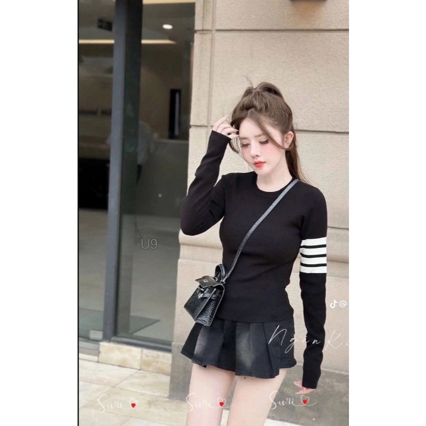 Áo Thun tăm  Dài Tay Thêu 4 Sọc viền Tay Basic xinh xắn ôm eo tôn Dáng cực đẹp-Áo thun dài tay Giữ Nhiệt mặc được 4 mùa