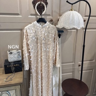 Set áo dài kim sa cao cấp tặng kèm bờm xinh dành cho chị em diện phố màu be nhẹ nhàng tiểu thư tôn da - Baotrang.clothes