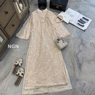 Set áo dài kim sa cao cấp tặng kèm bờm xinh dành cho chị em diện phố màu be nhẹ nhàng tiểu thư tôn da - Baotrang.clothes