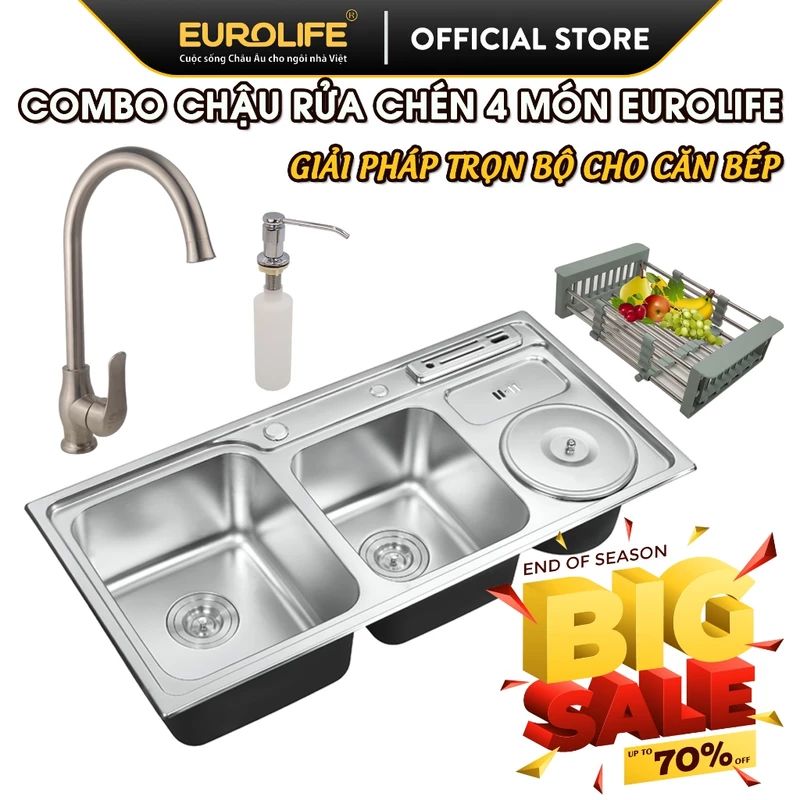 Gía shock cuối năm. Combo chậu rửa chén Inox Eurolife, 4 món đầy đủ cho nhà bếp.(COMBO C4 + T030 + C11 + RTM46) — ảnh 1