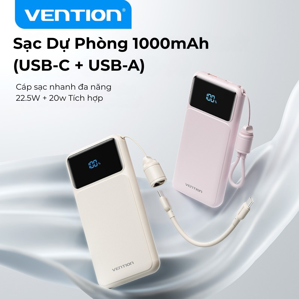 Pin Sạc Dự Phòng 20000mAh Vention 22.5W, Đạt Chuẩn 3C, 2 Cổng USB-A/C Kèm Dây Sạc Type C Màn LED Cho Điện Thoại Laptop