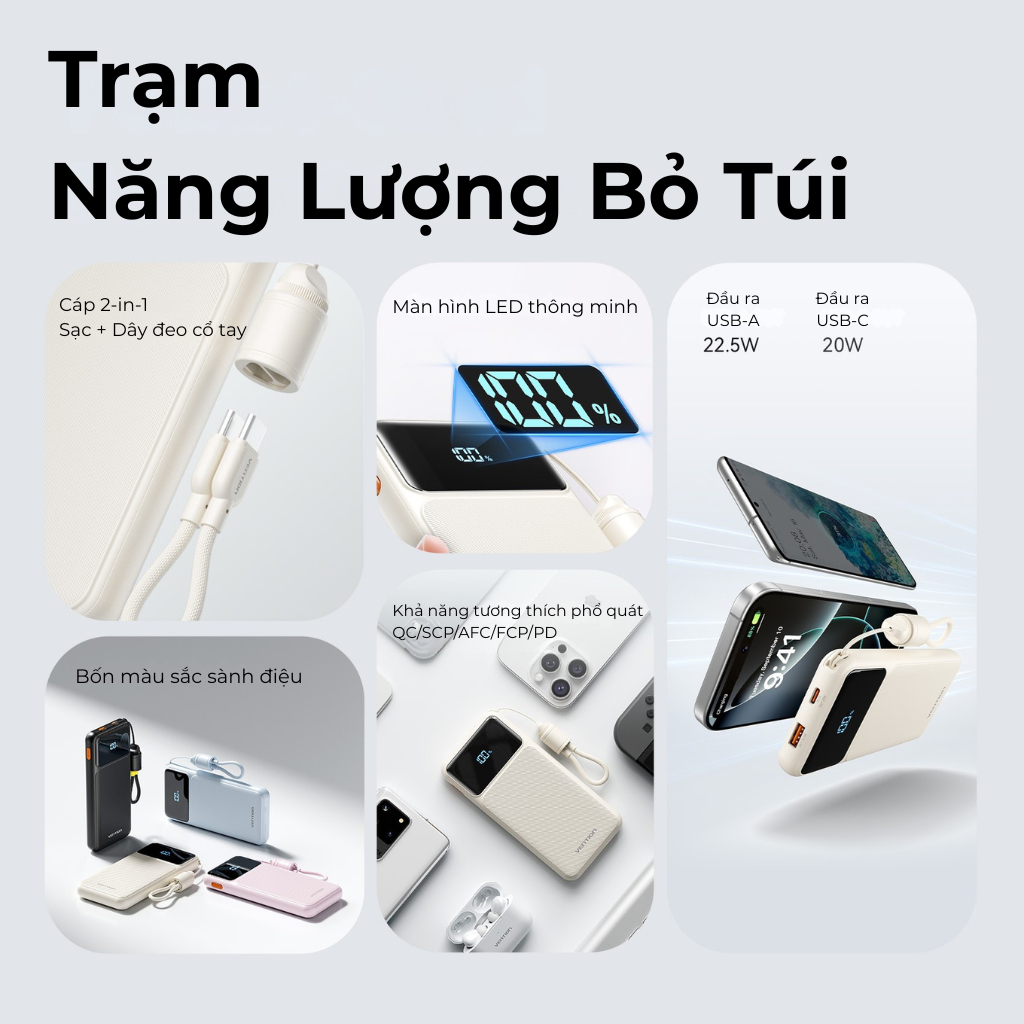 Pin Sạc Dự Phòng 20000mAh Vention 22.5W, Đạt Chuẩn 3C, 2 Cổng USB-A/C Kèm Dây Sạc Type C Màn LED Cho Điện Thoại Laptop