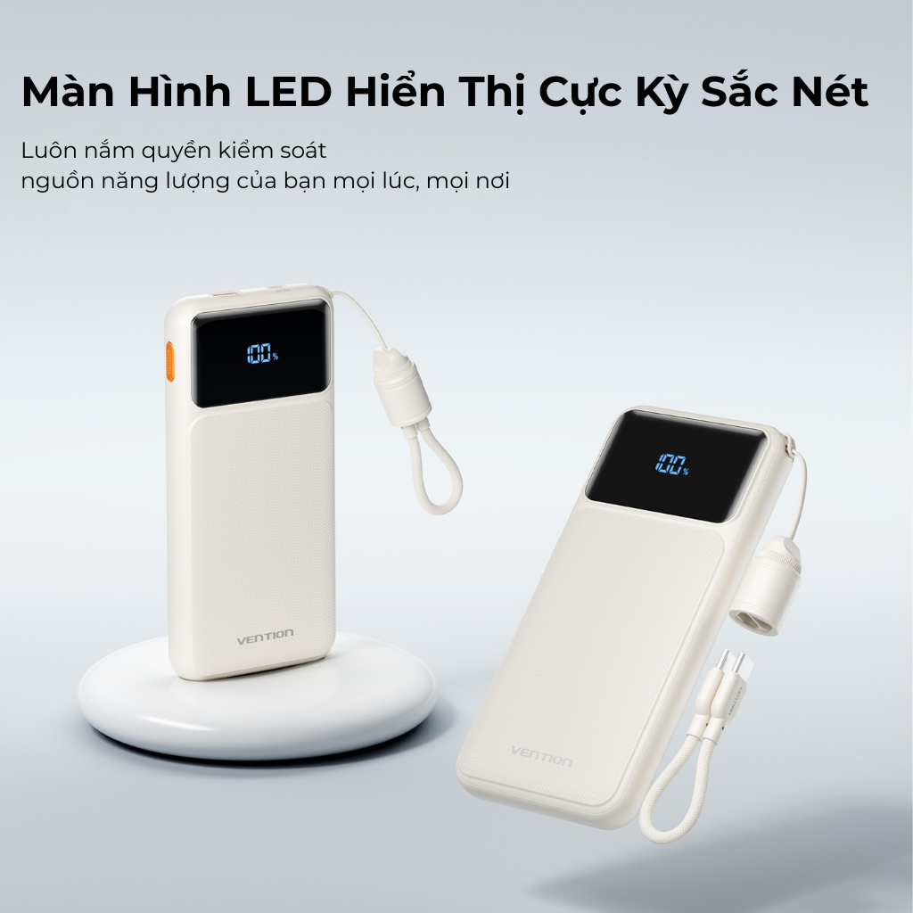 Pin Sạc Dự Phòng 20000mAh Vention 22.5W, Đạt Chuẩn 3C, 2 Cổng USB-A/C Kèm Dây Sạc Type C Màn LED Cho Điện Thoại Laptop