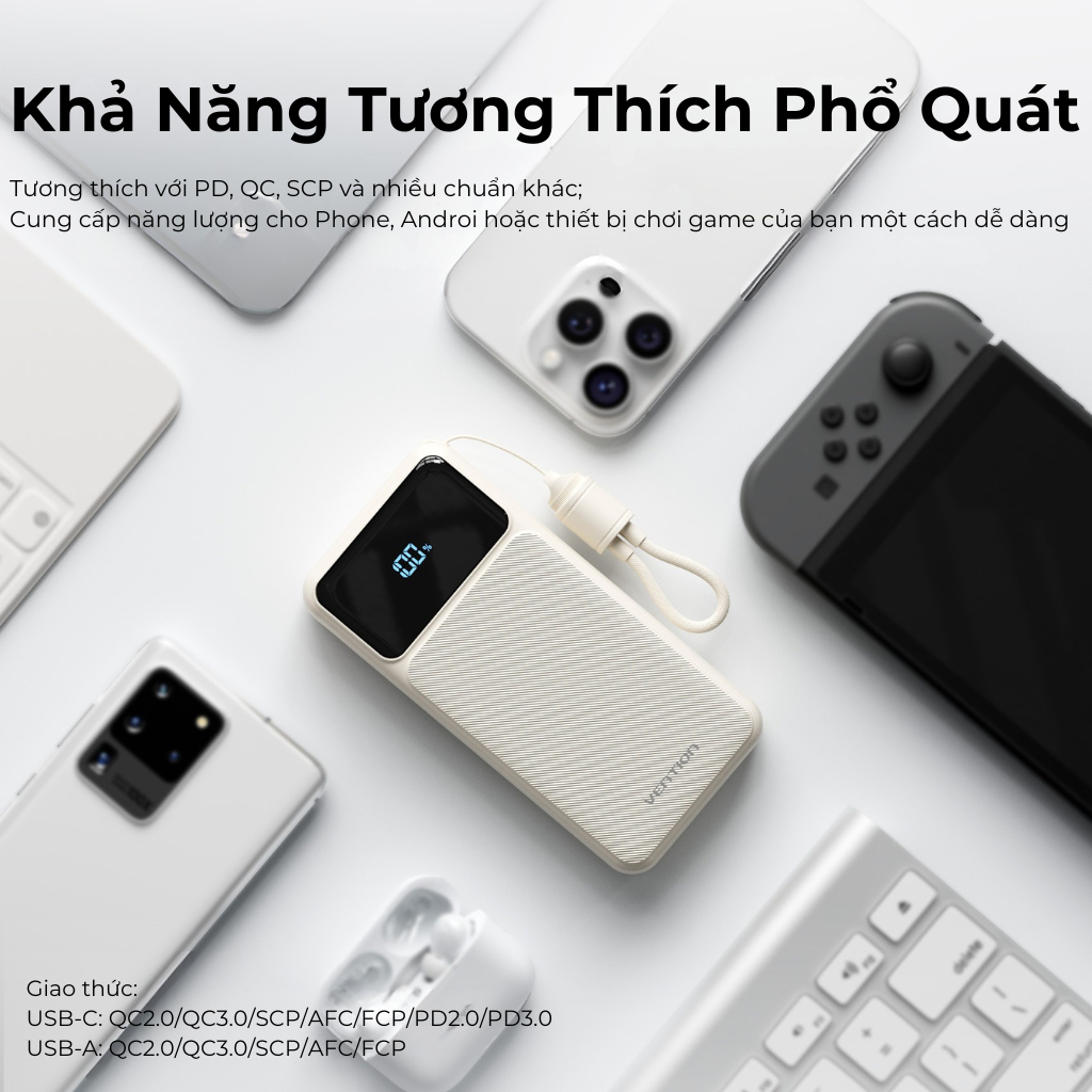 Pin Sạc Dự Phòng 20000mAh Vention 22.5W, Đạt Chuẩn 3C, 2 Cổng USB-A/C Kèm Dây Sạc Type C Màn LED Cho Điện Thoại Laptop