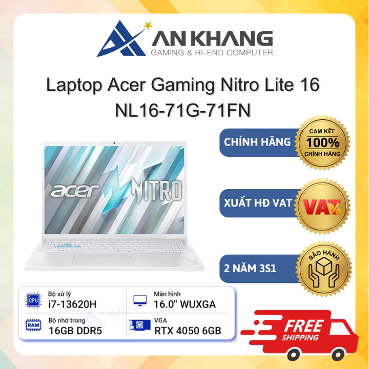Laptop Acer Gaming Nitro Lite 16 NL16-71G-71FN (i7-13620H; 16GB; 512GB SSD; RTX4050/6GB; 16"FHD+ 180Hz; Win11) BH 24Th