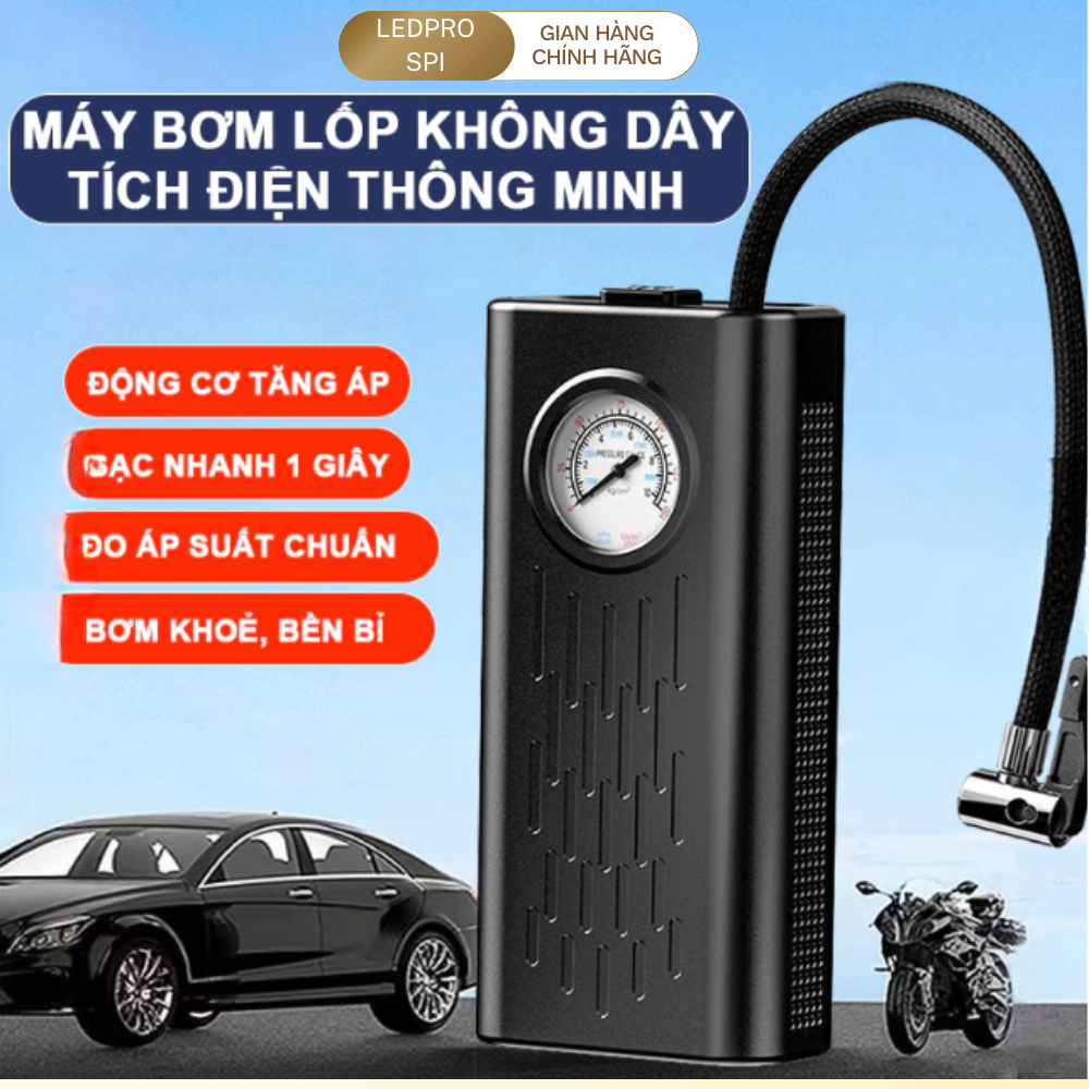 Máy bơm lốp ôtô loại 1 không dây cầm tay sạc USB ngắt tự động, thiết kế nhỏ gọn công suất lớn bảo hành 2 năm