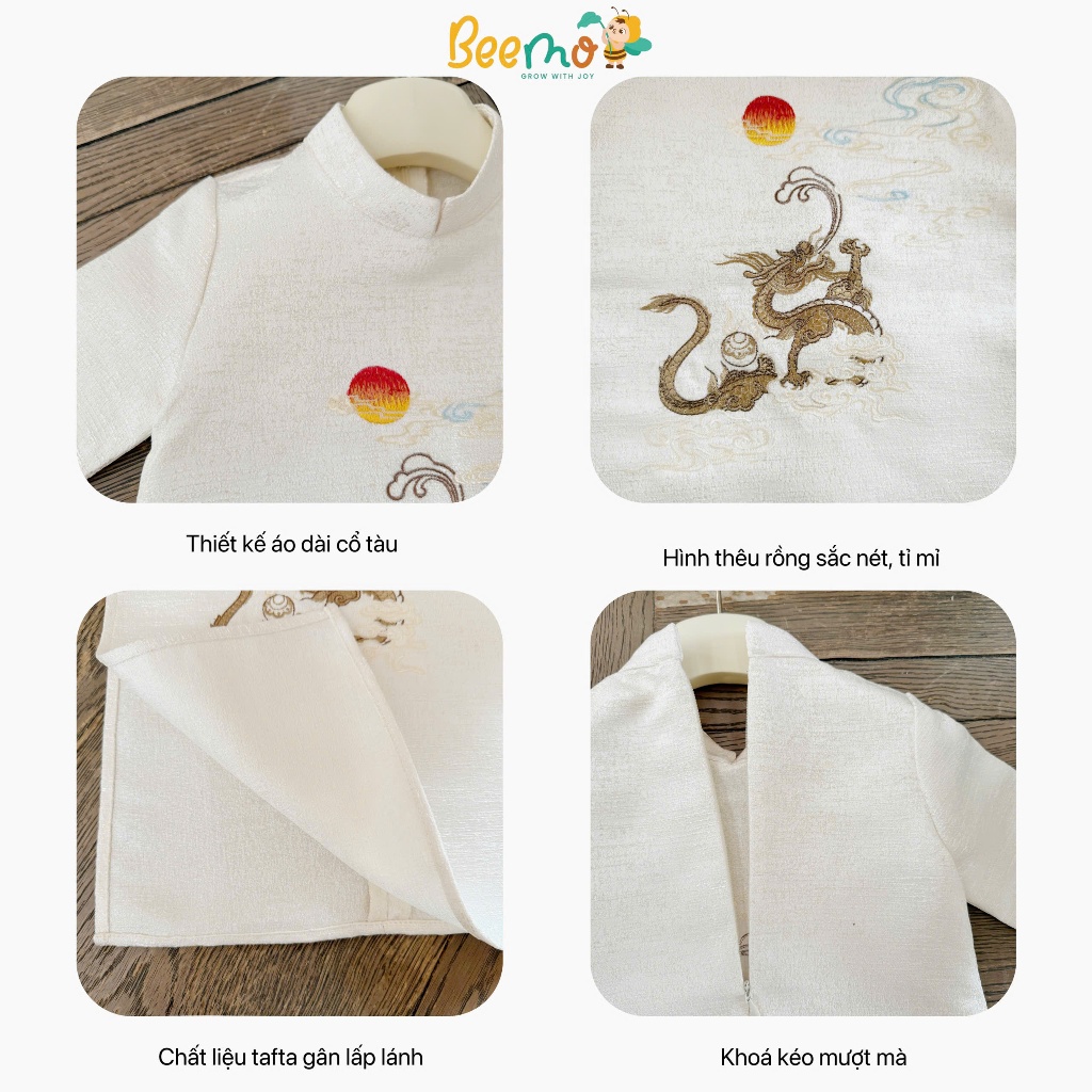 Áo dài vân long diện tết, set áo dài cổ tàu thêu rồng phối quần suông lụa bé trai 5379sdb
