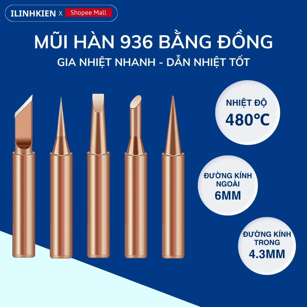 Đầu mỏ hàn, mũi hàn 936 bộ 5 mũi hàn thông dụng gia nhiệt nhanh chính hãng ilinhkien.