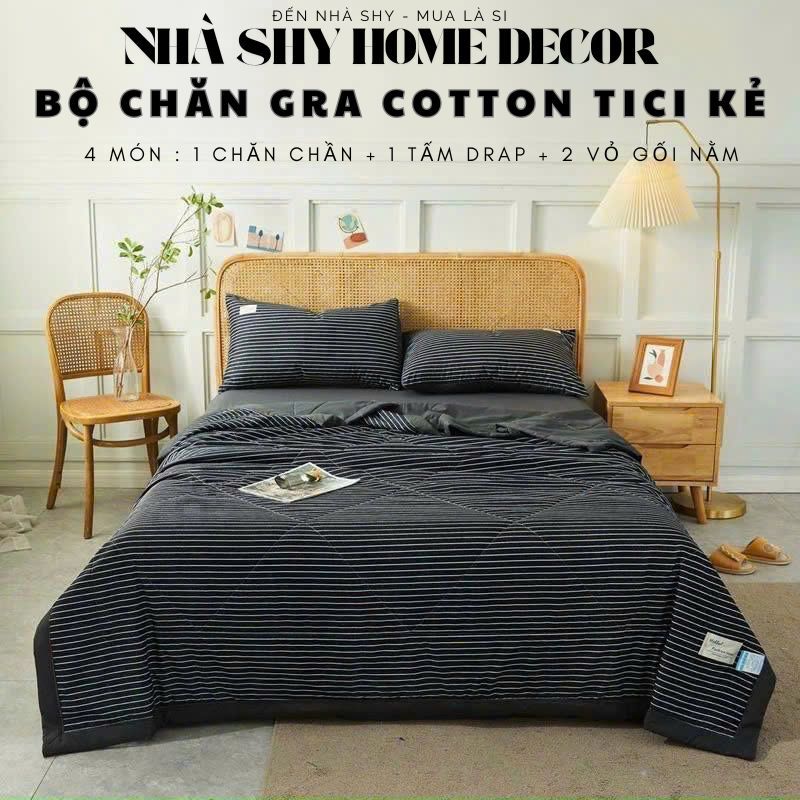 Bộ Chăn Ga Gối Cotton Tici Họa Tiết Kẻ Sọc Set 5 Món Chăn Chần Gra Gối - Nhà Shy Home Decor