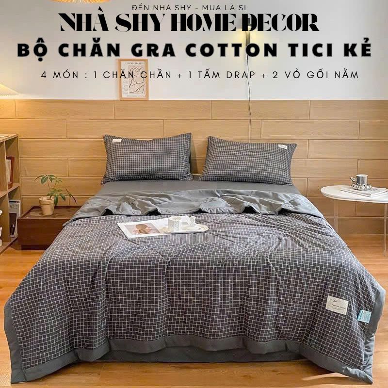Bộ Chăn Ga Gối Cotton Tici Họa Tiết Kẻ Sọc Set 5 Món Chăn Chần Gra Gối - Nhà Shy Home Decor