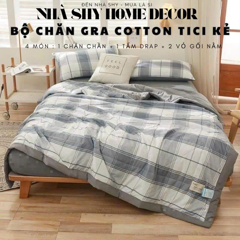 Bộ Chăn Ga Gối Cotton Tici Họa Tiết Kẻ Sọc Set 5 Món Chăn Chần Gra Gối - Nhà Shy Home Decor