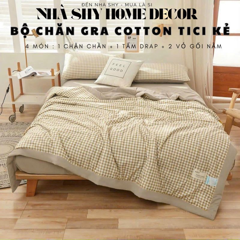 Bộ Chăn Ga Gối Cotton Tici Họa Tiết Kẻ Sọc Set 5 Món Chăn Chần Gra Gối - Nhà Shy Home Decor